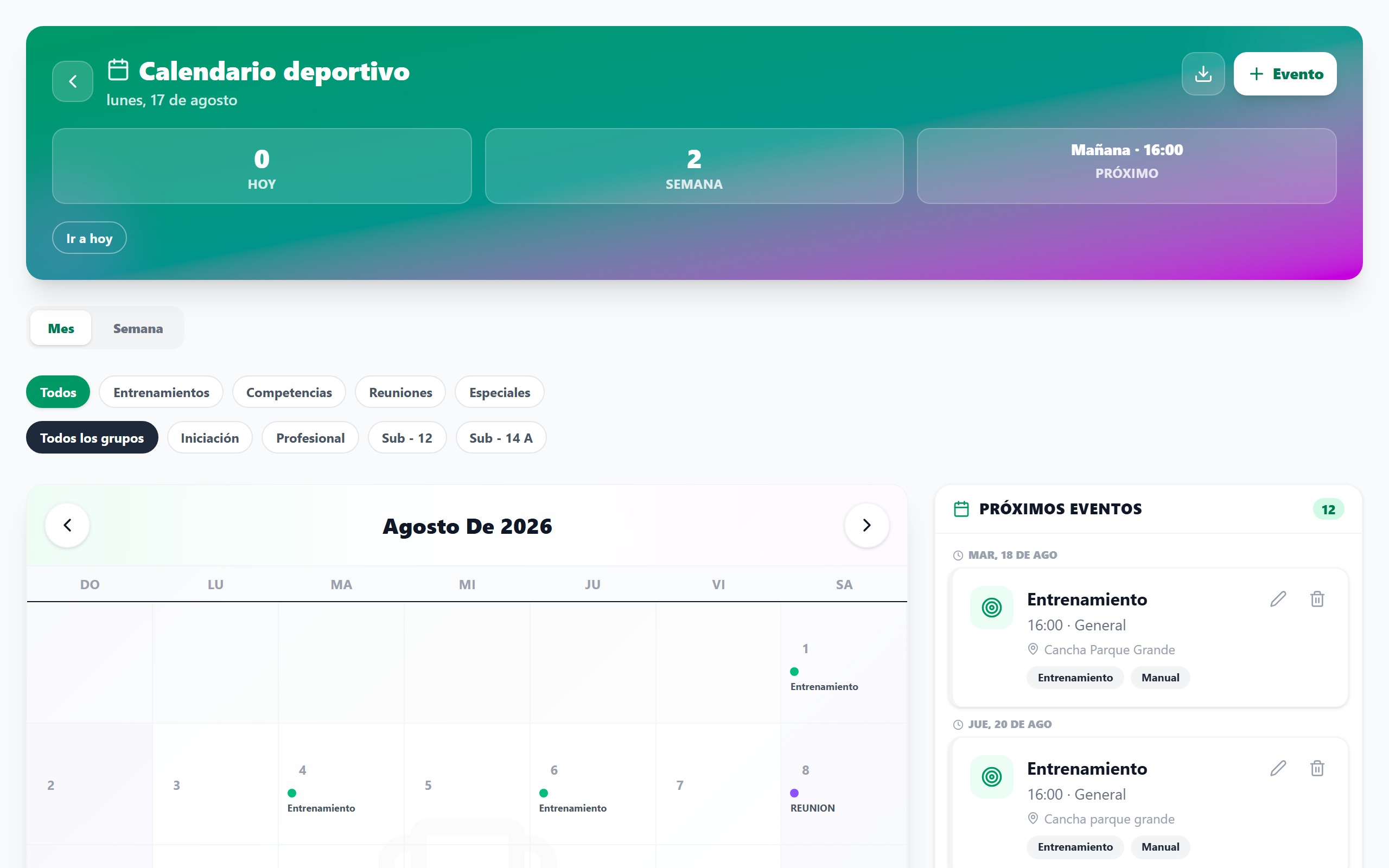 Captura de Calendario inteligente del club en DEPORTIA