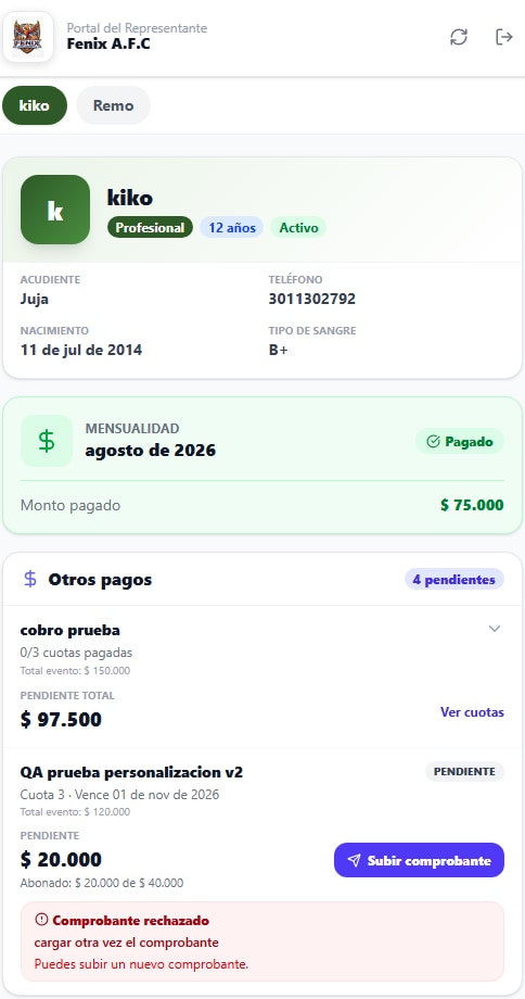 Resumen del deportista y estado de pagos